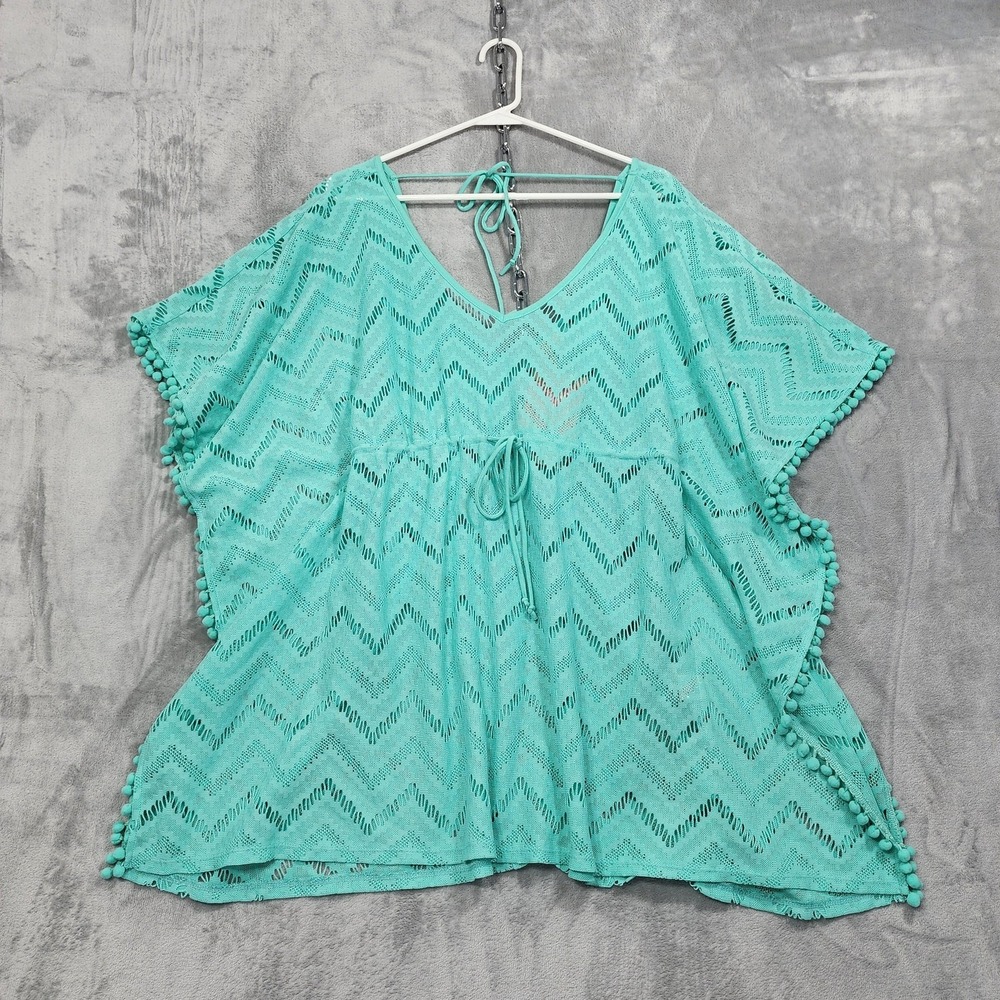 Miken Swim Cover Up‎ Womens L Blue Chevron Sheer Pom Pom Fringe Beach Summer